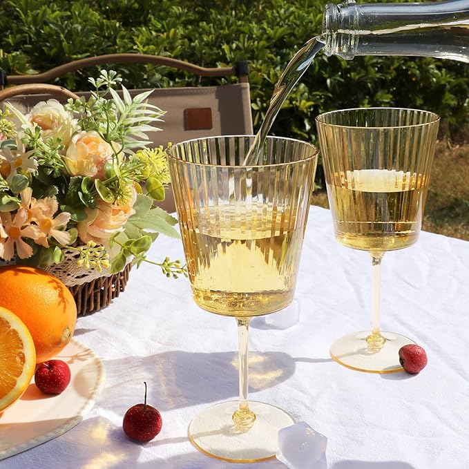 24 PCS Gold Ribbed Plastic Wine Glasses 13.5 OZ Ribbed Wine Glasses Detachable Wine Glass Elegant Fluted Glassware Vintage Style for Wedding Anniversary Birthday Dinner Parties