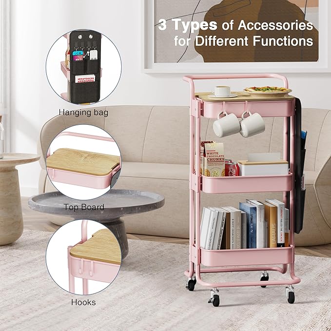 DTK 3-Tier Metal Utility Rolling Cart with Table Top and Side Bags, Art Craft Cart with 4 Hooks for Kitchen, Bathroom, Office, Living Room (Pink)