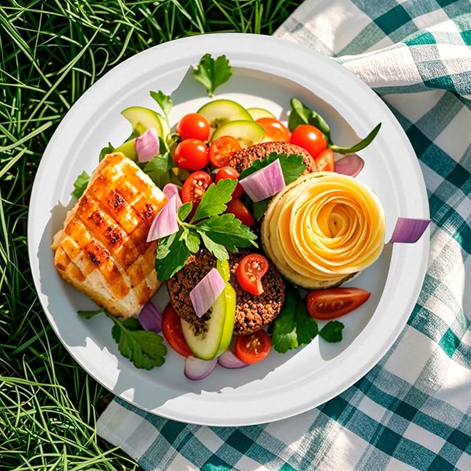 RACETOP 10 Inch [125 Pack] Paper Plates, Compostable Paper Plate, Disposable White Bagasse Plate, Heavy-Duty Biodegradable Plates, Eco-Friendly, Made of Natural Sugarcane Fibers