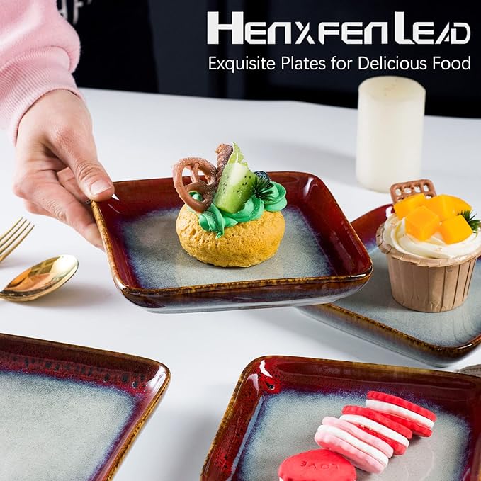 HENXFEN LEAD Small Square Plates 6.3 Inch – Ceramic Dessert, Appetizer & Snack Plates Microwave & Dishwasher Safe – Set of 4, Reactive Glaze Red