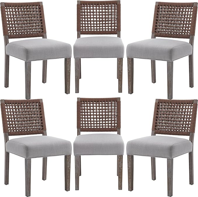 Farmhouse Dining Chairs Set of 6 Linen Fabric Upholstered Accent Side Chair, Mid Century Modern Kitchen & Dining Room Chairs with Woven Rope Back for Home, Living Room, Bedroom - Grey