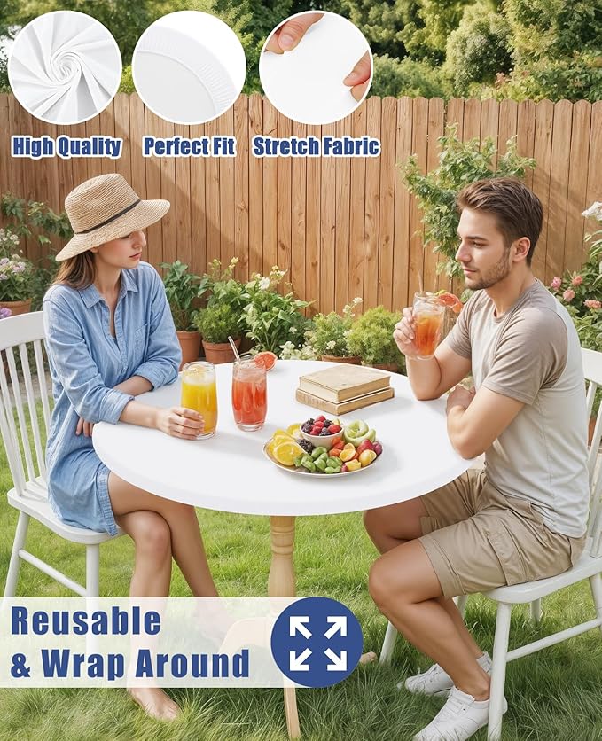 Round Spandex Tablecloth, Elastic Fitted Waterproof Tablecloths for 25"-30" Tables, Stretch Washable Picnic Table Cover for Camping, Dining, Indoor and Outdoor, White