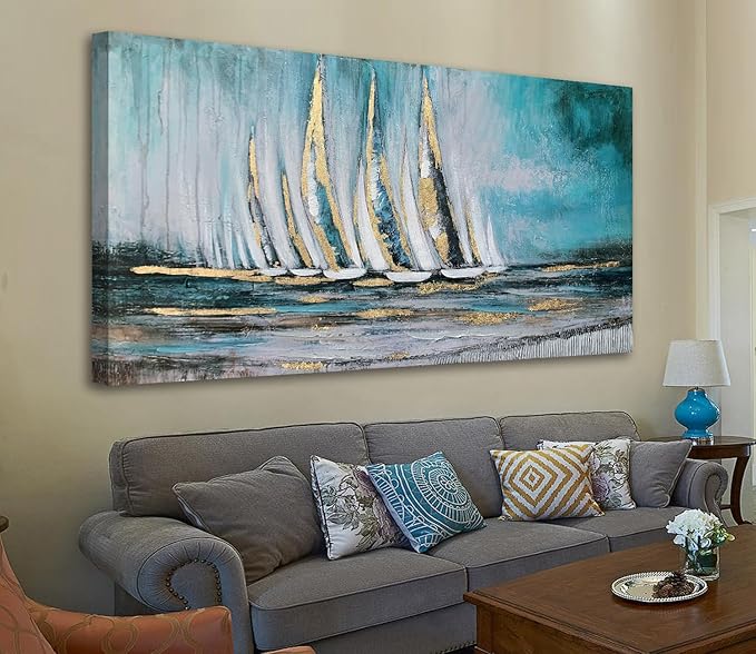 Anolyfi Blue Abstract Canvas Wall Art Teal Ocean Sailboat Picture Modern Coastal Nautical Painting, Textured Artwork Large Framed for Living Room Bedroom Bathroom Kitchen Office Home Decor 40"x20"