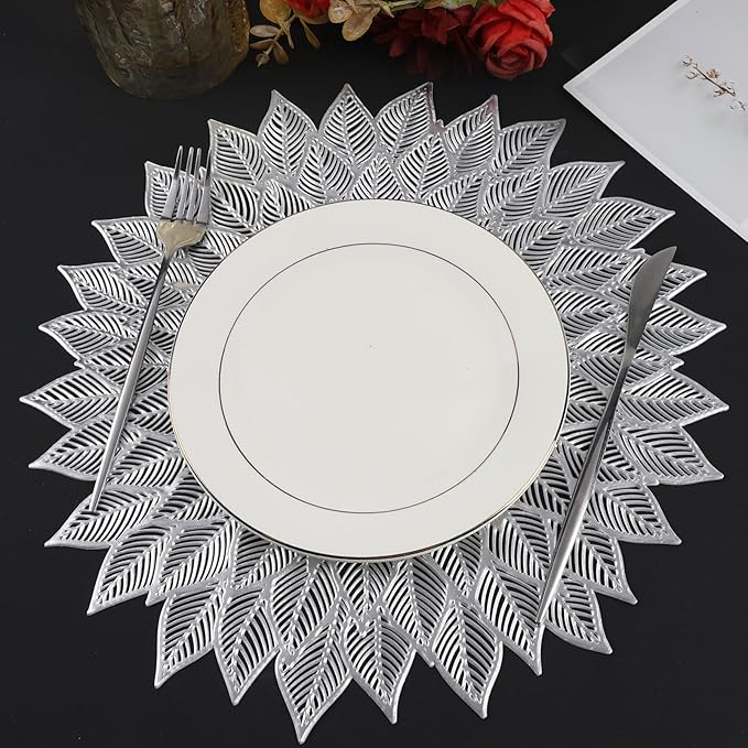 Placemats Set of 8, Round Hollow Out Flowers Place Mats for Dining Table Pressed Vinyl Blooming Leaf Table Mats for Holiday Party Wedding Accent Centerpiece Dinner Table Decoration (Silver)