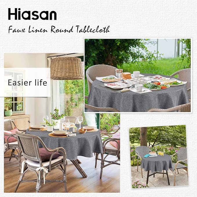 Hiasan Round Linen Tablecloth 70 Inch - Wrinkle and Stain Resistant Washable Polyester Fabric Table Cloth for Dining Room Kitchen Party, Grey