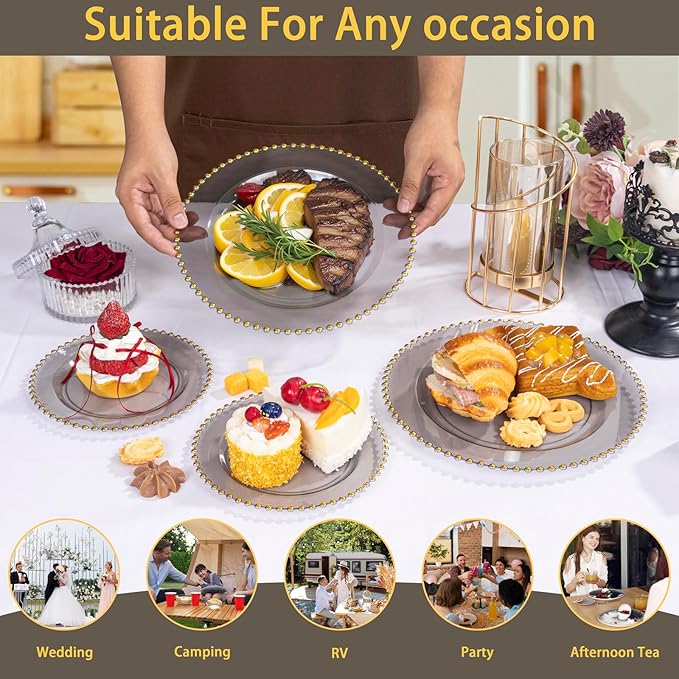 EI 60pcs Clear Black and Gold Plastic Plates Disposable Plates Heavy Duty,10.25" Dinner & 7.5" Dessert Clear Black Plate Perfect Wedding,Party,Birthday,Anniversary,Business Events