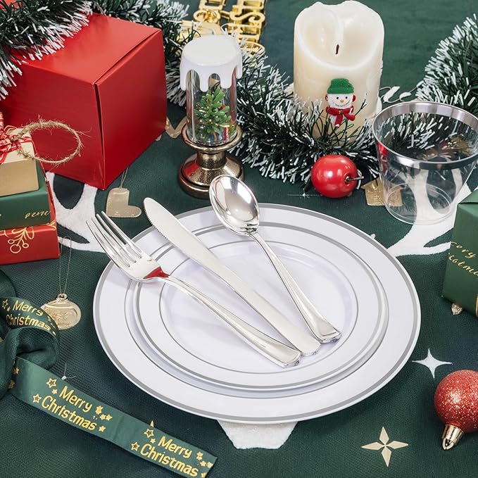 bUCLA 150-Piece Silver Disposable Dinnerware Set - White Plastic Plates with Silver Rim - Include 25 Dinner Plates, 25 Dessert Plates, 25 Forks, 25 Knives, 25 Spoons & 25 Cups for Party & Christmas
