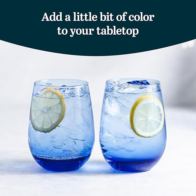 Libbey 231L Stemless Wine Glasses Set of 12, Tidal Blue, Restaurant Quality Red and White Wine Glasses, Drinking Glasses Set for Large Gatherings