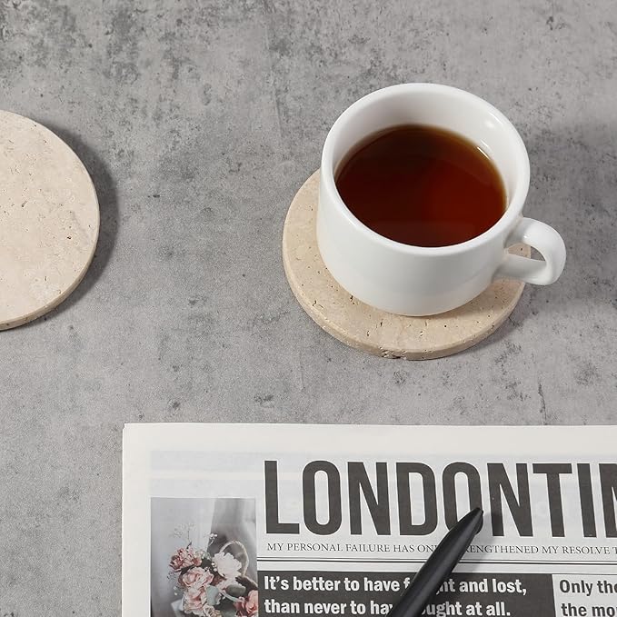 Koville Travertine Coasters, Marble Coaster Set of 4 for Drinks, 4" Round Stone Coasters Set Heat Resistant, Decorative Modern Cup Coaster for Coffee Table Home Bar Decor, Unique Gift Choice(Beige)