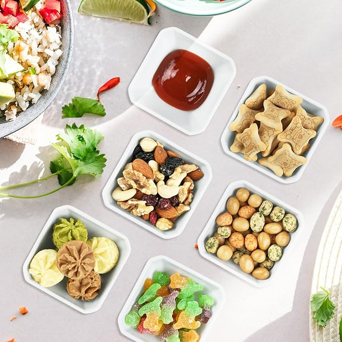Yedio 3 Oz Square Dip Bowls Set of 6, White Ceramic Dipping Sauce Dishes, Mini Condiment Bowls for Soy Sauce, Sushi, BBQ, Ketchup, Vinegar, Party & Daily Use