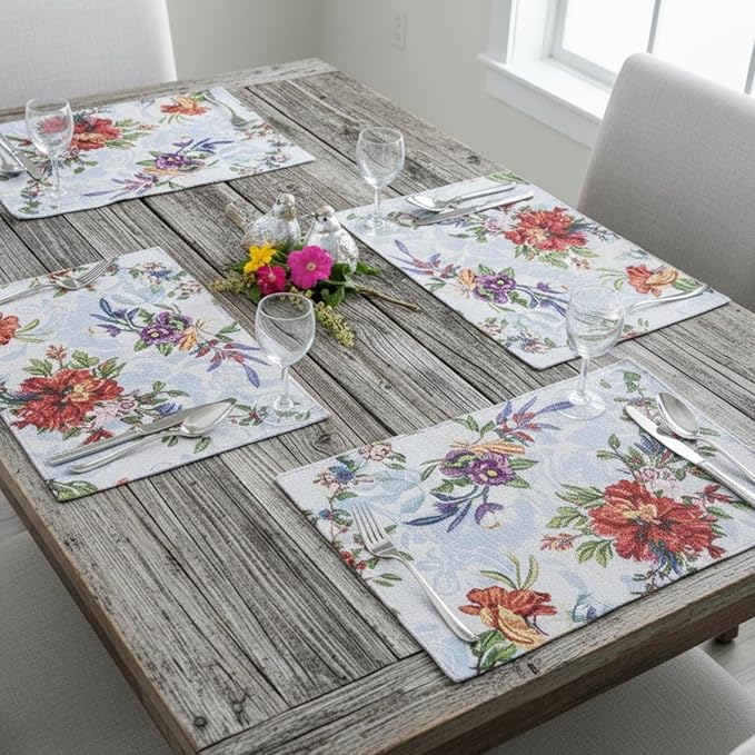 DaDa Bedding Tropical Paradise Floral Blue Roses Placemats - Set of 4 Tapestry Nature Birds Exotic Flowers Botanical Garden Berries - Decorative Linen Woven Kitchen Dining Table Mats - 13” x 19”