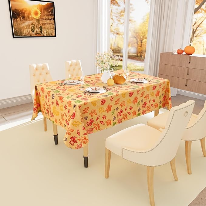 Smiry Fall Rectangle Table Cloth, Waterproof Vinyl Tablecloth with Flannel Backing, Wipeable Autumn Leaves Plastic Tablecloths for Harvest and Thanksgiving Parties, (60"x84", Rust & Yellow)