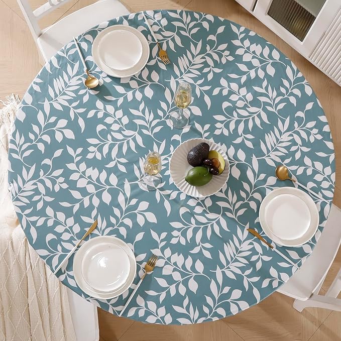 Walrus Round Vinyl Fitted Tablecloth with Flannel Backing Elastic Edge Design Table Cover Waterproof Oil-Proof PVC Table Cloth Stain-Resistant Best for 37"-44" Round