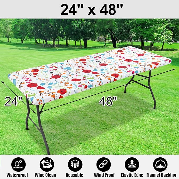 Smiry Rectangle Table Cloth Cover, Waterproof Elastic Fitted Picnic Tablecloth for 4 Foot Tables, Wipeable Flannel Backed Vinyl Tablecloths for Camping, Dining, Outdoor (Off White, 24" x 48")