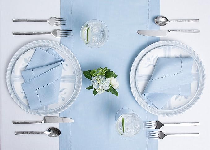 Solino Home Linen Sky Blue Table Runner 60 Inches - Classic Hemstitch, 100% Pure Linen Coffee Table Runner 14 x 60 Inch Ideal for Dresser Tables - Spring, Easter