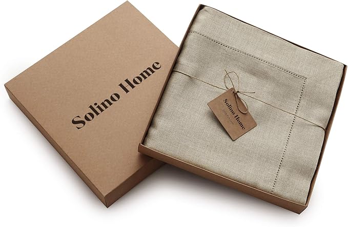 Solino Home Natural Linen Tablecloth 60 x 120 Inch - 100% Pure Linen Hemstitch Table Cloth for Rectangle Tables - Classic Hemstitch, Machine Washable Tablecloth for Spring, Easter