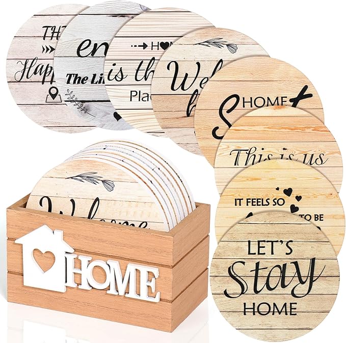 Billbotk House Warming Gifts for Home Decoration, Wood Farmhouse Coasters Set of 8, Drink Coasters for Housewarming Gifts, Coffee Table Decor, Home Decor