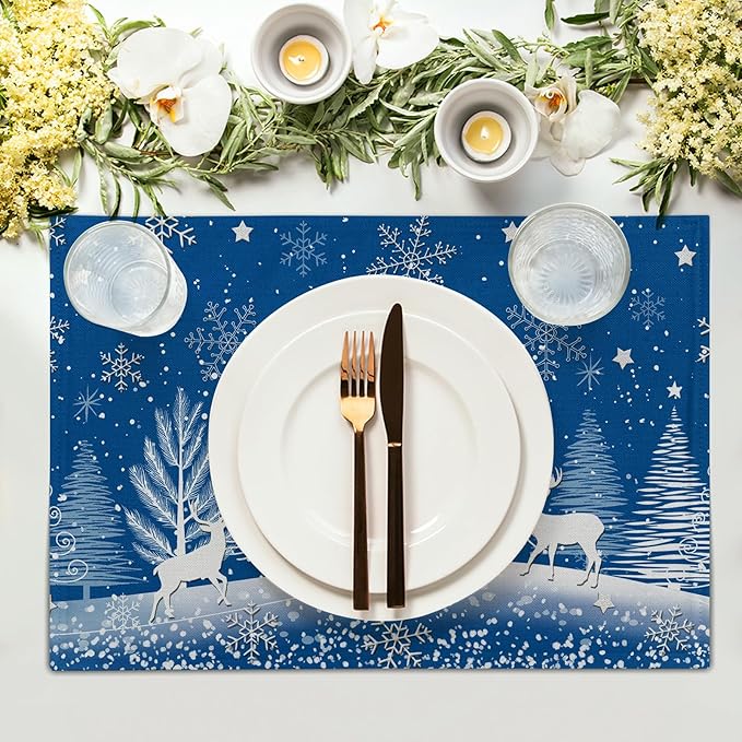Xmas Placemats Set of 4 - Winter Navy Blue Place Mats 12x18 Table Mats White Forest Snowflake Reindeer Kitchen Mats for Party Dining Table