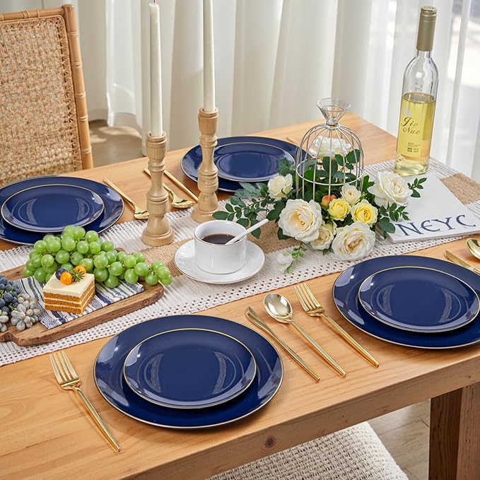 PULOTE 200 Pieces Blue Plastic Plates - Navy Blue and Gold Disposable - Include 100PCS 10 inch Dinner & 100PCS 7 inch Dessert Plate for Party & Hanukkah