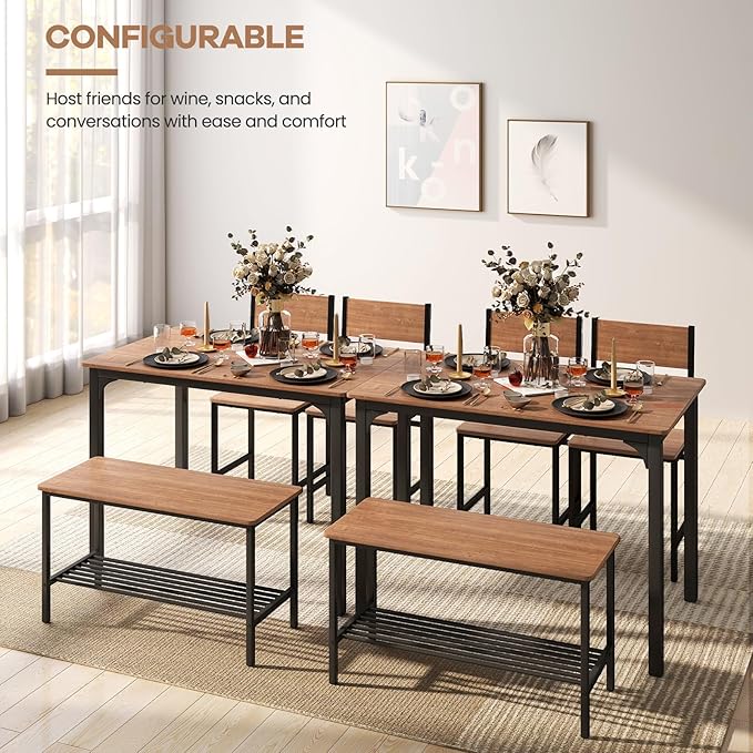 NAFORT Dining Table Set for 4 with Bench, Industrial Kitchen Table and Chairs, Rustic Brown Wood & Black Metal 4-Piece Dining Room Set for Apartment, Small Space, Kitchen, Restaurant
