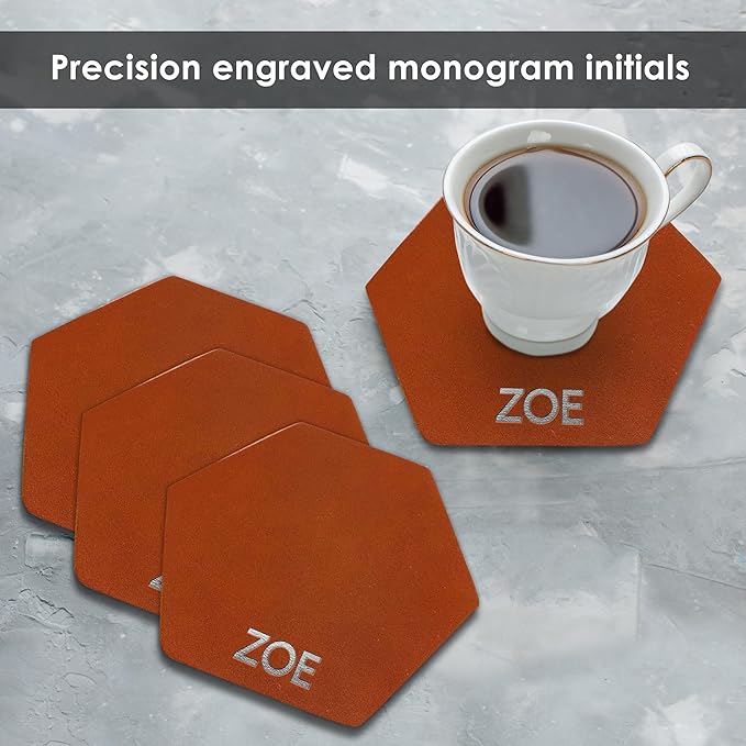 Northwind Personalized Leather Coasters – Set of 4 Full-Grain Leather 4” Hexagon Drink Coasters with Custom Engraved Monogram Initials – Stylish Home Décor for Weddings and Holidays
