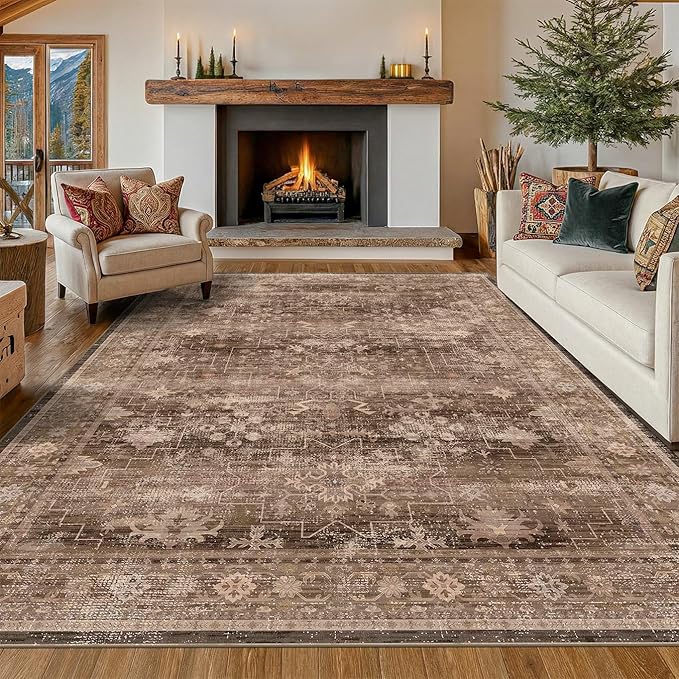 Boho Taupe Living Room Rug 7x10 -Vintage Traditional Oriental Neutral Brown, Washable Low Pile Non-Slip Extra Large Area Rugs for Dining Under Table Bedroom Lounge