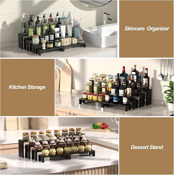 2 Set Large Black Wooden Tiered Riser Display Stands for Vendor Events,Stackable Wooden Cupcake Stand,Farmhouse Decor Wood Dessert Table Display Set,Vendor Booth Display Items,Food Display Risers for Party（12-11.2-10.4-9.6IN）