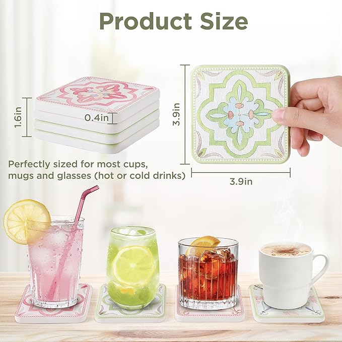 Coasters Set of 4, Square Drink Coasters Absorbent Heat Resistant Diatomite Coaster Cup Mats Vintage Home Decor for Coffee Table Desktop Protection (B, 3.9" x 3.9", 4pcs)