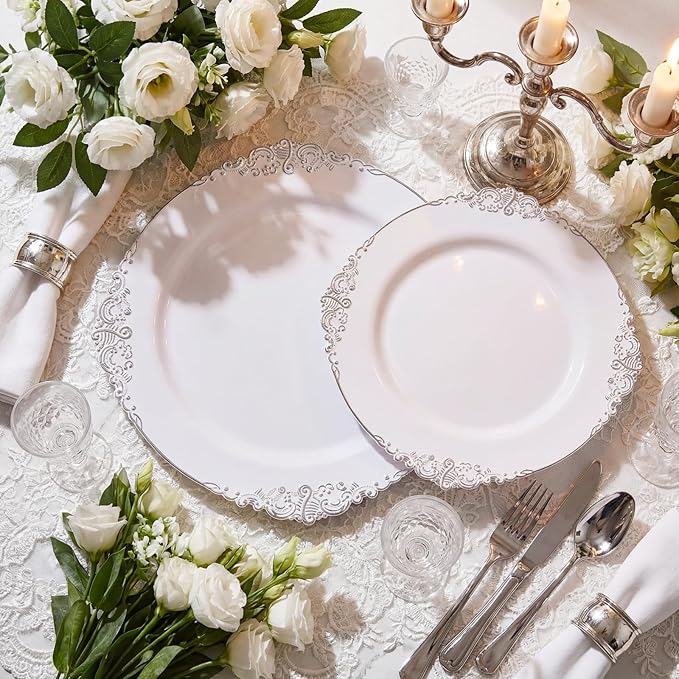 102PCS White and Silver Plastic Plates - Heavyweight Silver Plate - Wedding Plate with Silver Rim - Fancy Dinner & Dessert Plates for 51 Guests Weddings & Parties