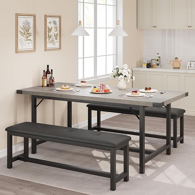IDEALHOUSE 3-Piece Dining Table Set for 4-6 People, 63" Large Extendable Kitchen Table Set w 2 Soft Benches, Easy Assembly, Space Saving for Apartment, Small Space, Gray