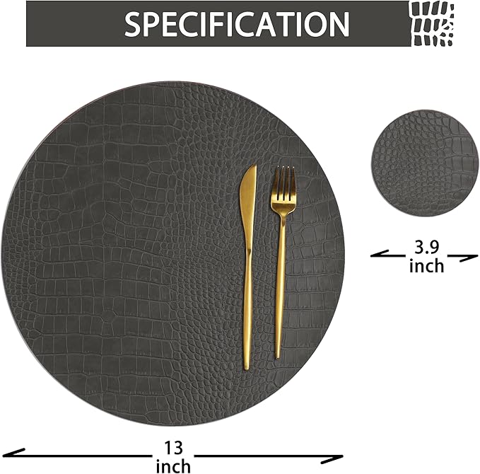 Round Leather Placemats for Round Tables Set of 6, Gray Table Place Mats and Coasters, Washable Easy to Care for Indoor Decor 13" Diameter