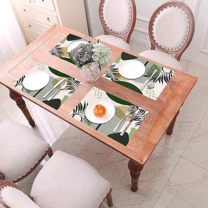 Boho Mid Century Sun Placemats Printed Modern Rainbow Leaves Green Design Washable Place Mats 12x18Inch for Dining Kitchen Farmhouse Decor 6 PCS