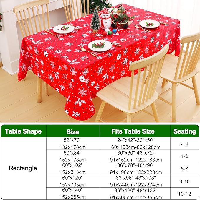 Smiry Christmas Rectangle Table Cloth, Waterproof Vinyl Tablecloth with Flannel Backing, Wipeable Bell & Snowflake Plastic Tablecloths for Christmas Table Decorations, (52"x70", White & Red)