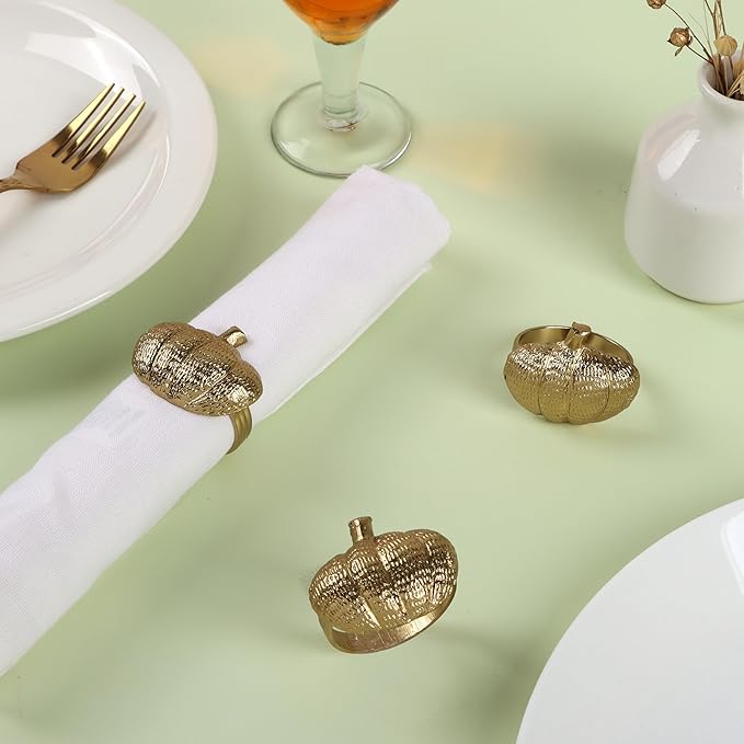 CLEENTABLE Napkin Rings Set of 12, Metal Napkin Holder Cuffs for Dinner Table Décor, Thanksgiving Pumpkin Farmhouse Modern Serviette Rings for Christmas, Weddings, Receptions, (Antique Gold)