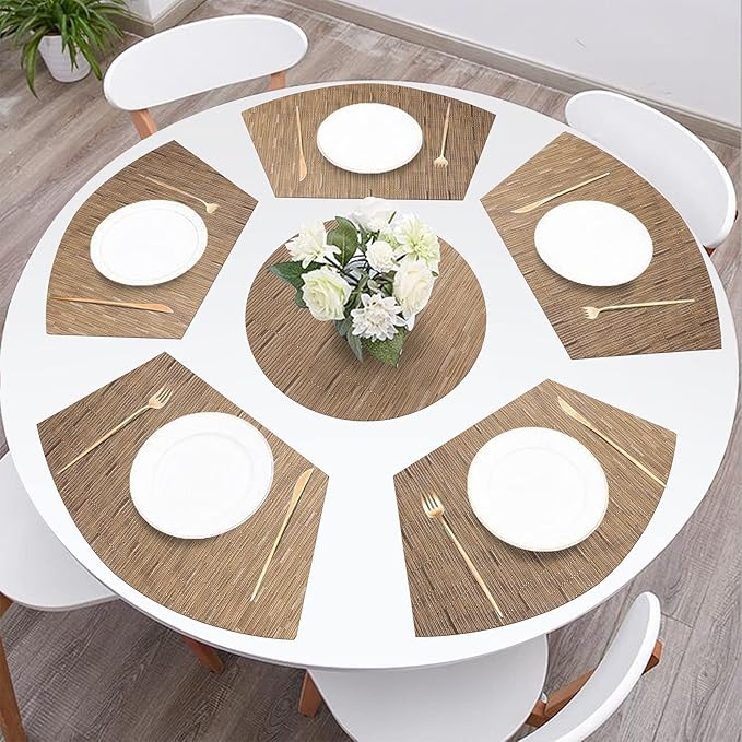 SHACOS Small Round Table Placemats Set of 5 Woven Vinyl Wedge Placemats with Centerpiece Round Table Mats Heat Resistant Wipe Clean (5, Tan)