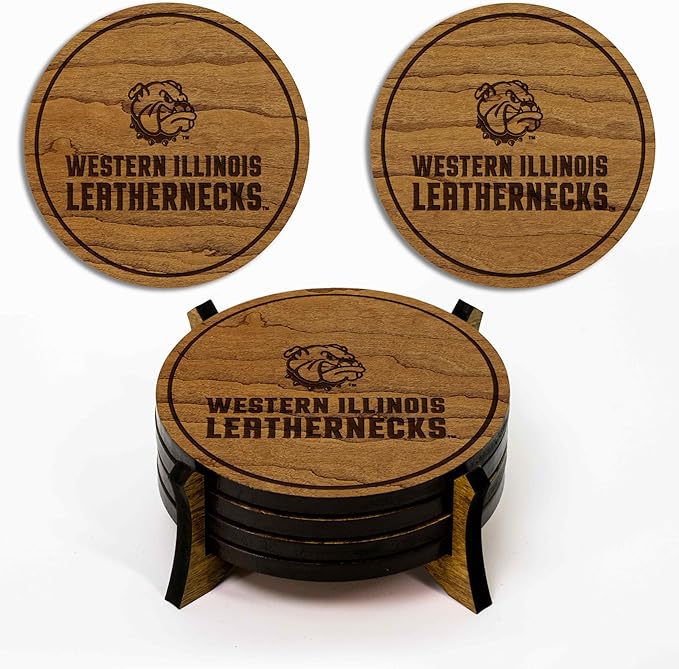 LazerEdge Western Illinois Leatherbacks Wooden Coaster Set - Cherry Wood - Officially Licensed Product - 4-Pack