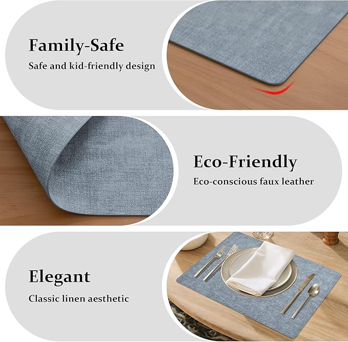 FROMHEART Faux Leather Placemats Set of 8–Waterproof,Heat/Oil Stain-Resistant PU Table Mat–Reversible,Non-Slip,Easy to Clean Place Mats for Kitchen,Dining,Indoor/Outdoor,(Light Blue,11.8" x 17")