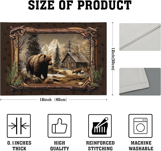 Bear Placemats Set of 4 - Rustic Lodge Place Mats 12x18 Vintage Cabin Table Mats Farmhouse Kitchen Mats for Party Dining Table