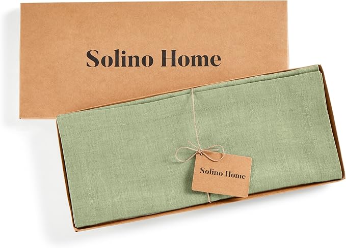 Solino Home Linen Small Table Runner 60 Inches - Athena, 100% Pure Linen Chambray Olive Table Runner 14 x 60 Inch Ideal for Dresser and Coffee Tables - Spring, St Patricks Day