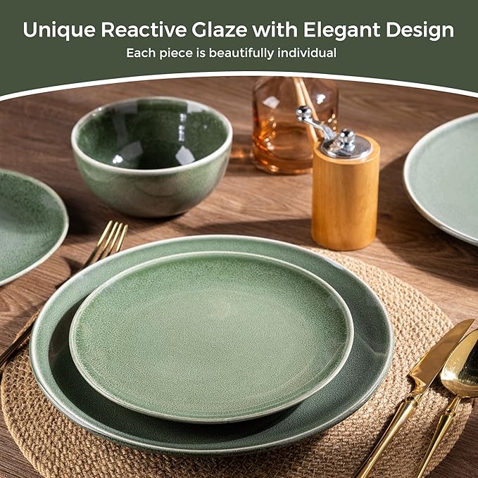 AmorArc Ceramic Dinnerware Sets for 6, 18 Pieces Handpainted Plates and Bowls Set, Scratch Resistant Stoneware Dishes Set, Dishwasher & Microwave Safe, Jade Green
