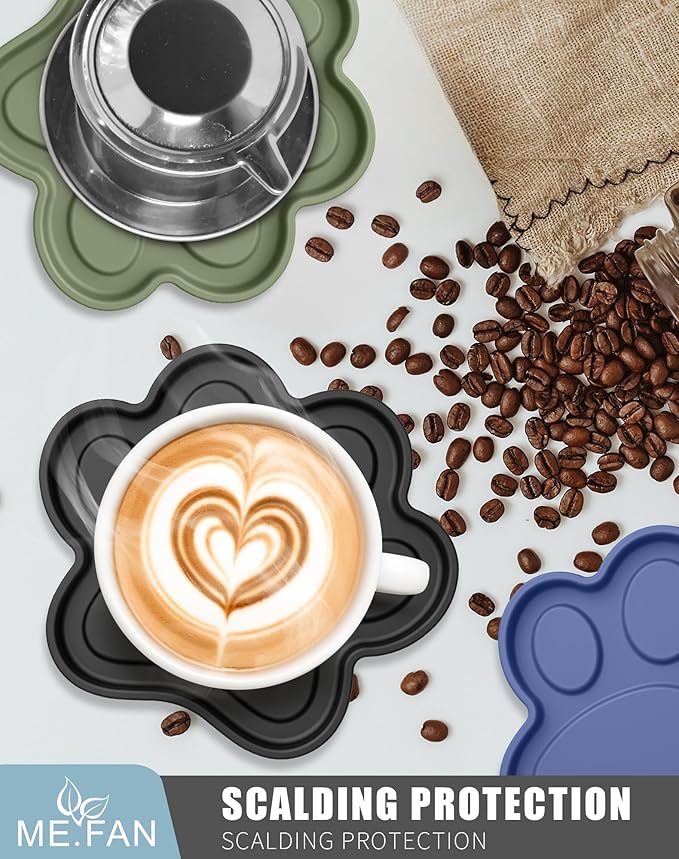 ME.FAN Silicone Coasters 6 Pack Paw Cup Mat with Holder, Dog Cat Paw Shape, for Hot or Cold Drink, Non-Slip, Non-Stick, Room Decor, Housewarming Black