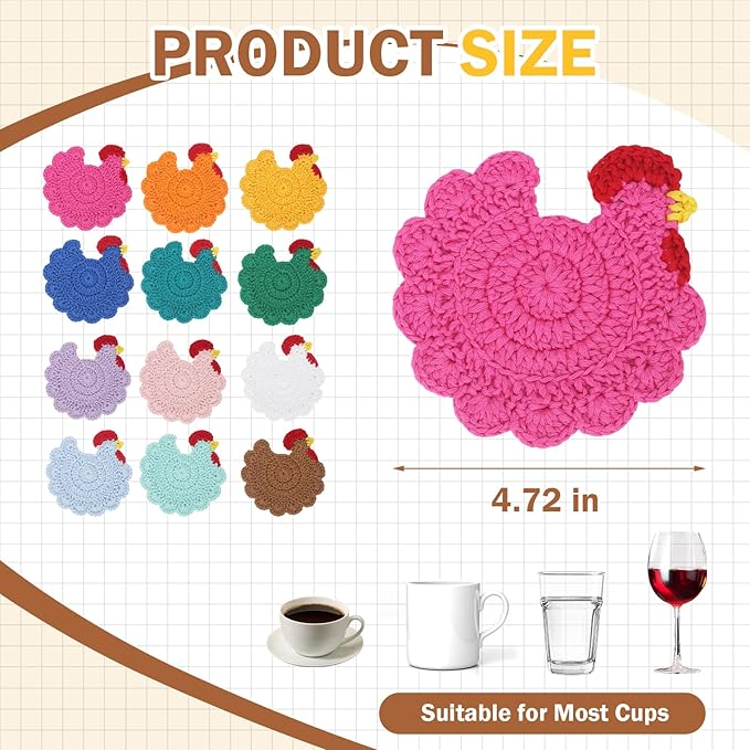 Funny Chicken Coasters Set of 4, Handmade Crochet Farmhouse Style Drink Coasters, Cute Knitted Desk Accessories for Home Decor, Unique Housewarming Gifts (Style C)