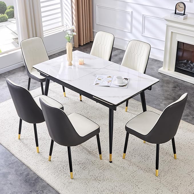 Extendable Dining Table Set for 6, 55'' to 78.8'' Rectangular Thickened Sintered Stone Kitchen Table with 6 Upholstered Chairs, Modern Space Saving 7-Piece Dinner Table Set