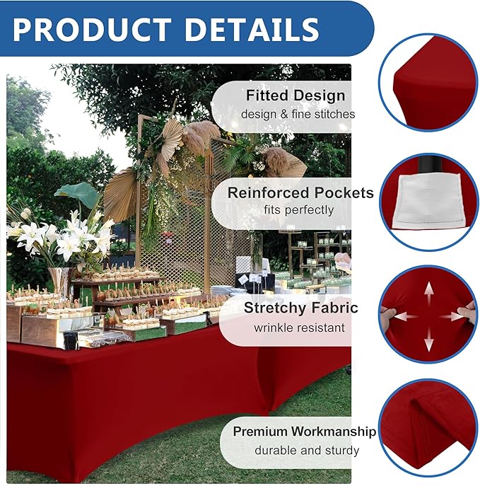 Spandex Table Cover for 6 Foot Rectangle Tables-6 Pack Fitted Stretch Red Tablecloth-Elastic 6ft Christmas Tablecloths for Party, Vendor Booth Display, Banquet Buffet Event, Craft Trade Show