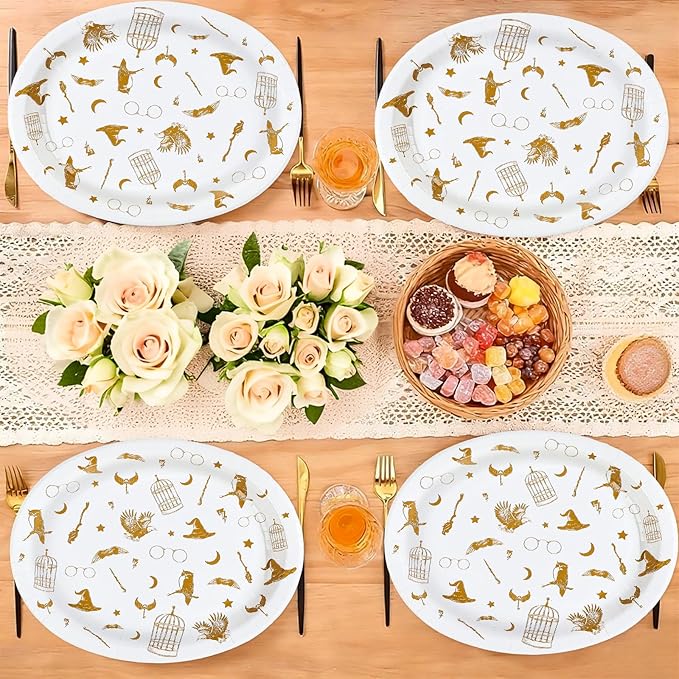 50Pcs Magical Oval Paper Plates 10" x 12" Large Disposable Heavy Duty Golden Wizard Theme Paper Platters Fantasy Magic Dessert Plates for Boy Girl Magical Wizard Themed Birthday Party Supplies