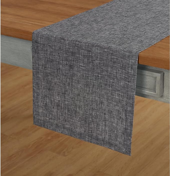 Solino Home Linen Chambray Black Table Runner 120 Inches Long - Athena, 100% Pure Linen 14 x 120 Inch Table Runner for Winter