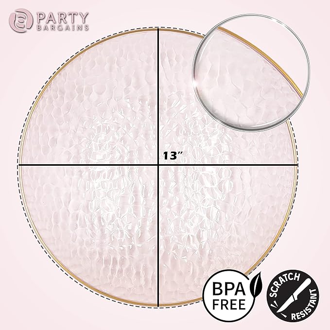 PARTY BARGAINS 13-Inch Charger Plates - 48 Pack, Hammered Pink Gold Rim, Heavy-Duty Disposable Chargers for Elegant Dining - Ideal for Weddings and Formal Events