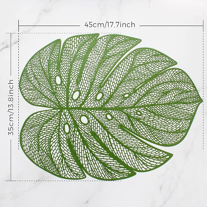Evevda Green Leaf Shaped Vinyl Placemats for Dinner Table Set of 4 Plastic Green Place Mats Wipeable 6Pcs Table Mats for Wedding Annersary Dinner Table Decoration Mats