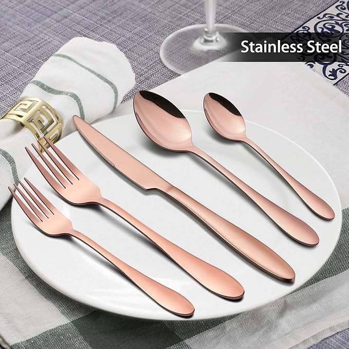 LIANYU 40-Piece Copper Silverware Set for 8, Stainless Steel Flatware Cutlery Set, Tableware Eating Utensils Include Forks Knives Spoons, Mirror Polished, Dishwasher Safe