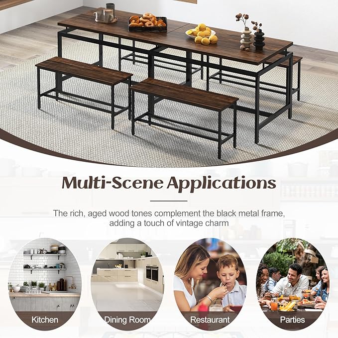 Giantex Kitchen Table Chairs Set of 3 - Dining Table Set for 4 with 2 Benches, Metal Frame, Space-Saving Dinette Table Set for 4, Small Places Breakfast Nook Table Set, Kitchen Table Set, Brown